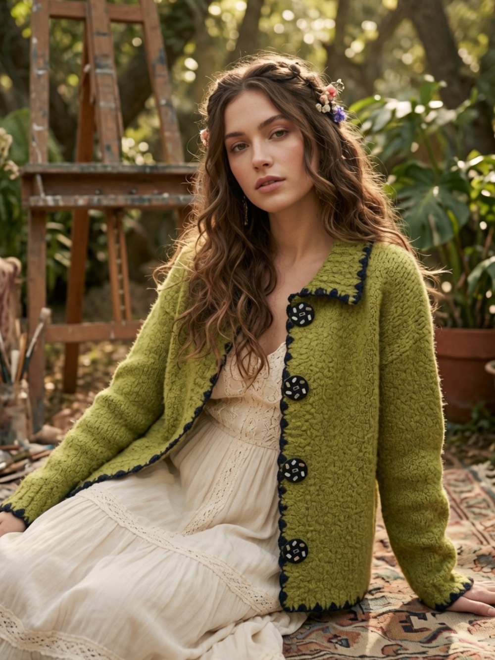 WIND RIVER Kintamani Vintage Bouclé Cardigan Sweater Green Artsy M